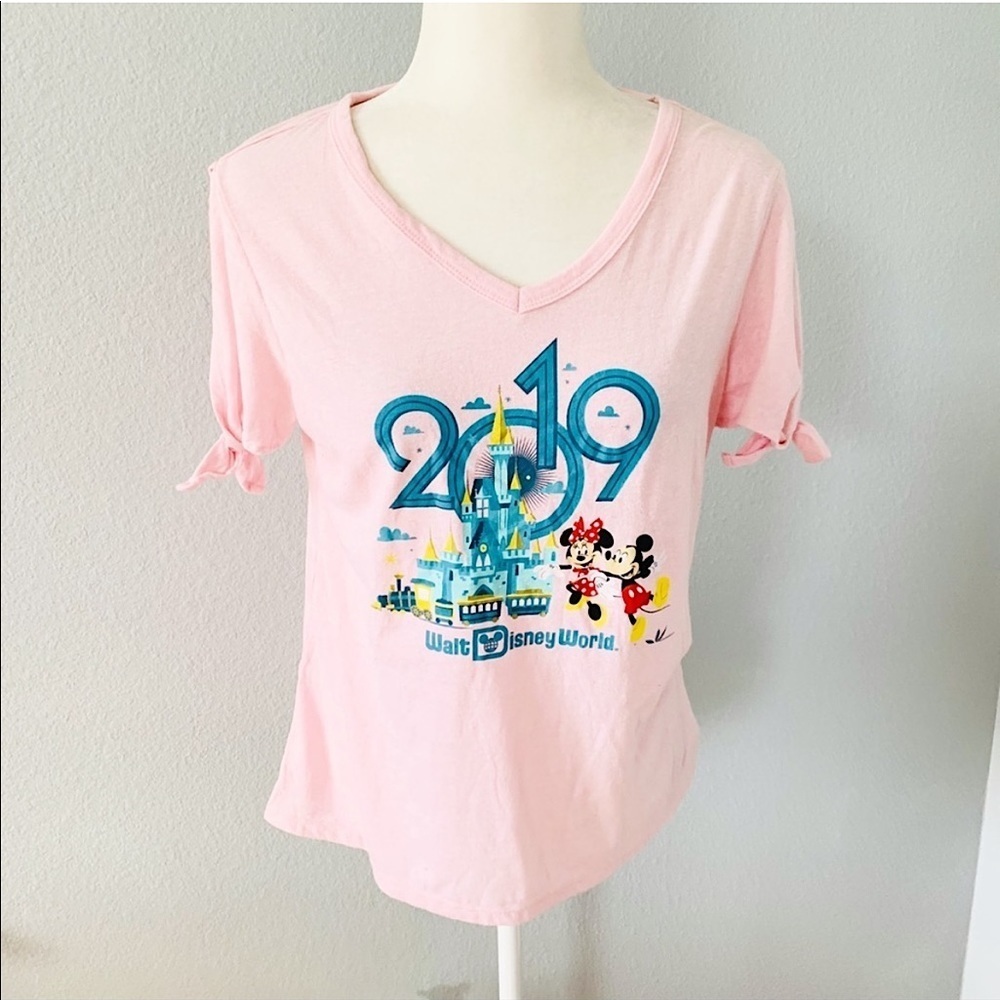 Walt Disney World Parks 2019 Pink Castle Mickey Minnie Tie Sleeve Shirt Top S